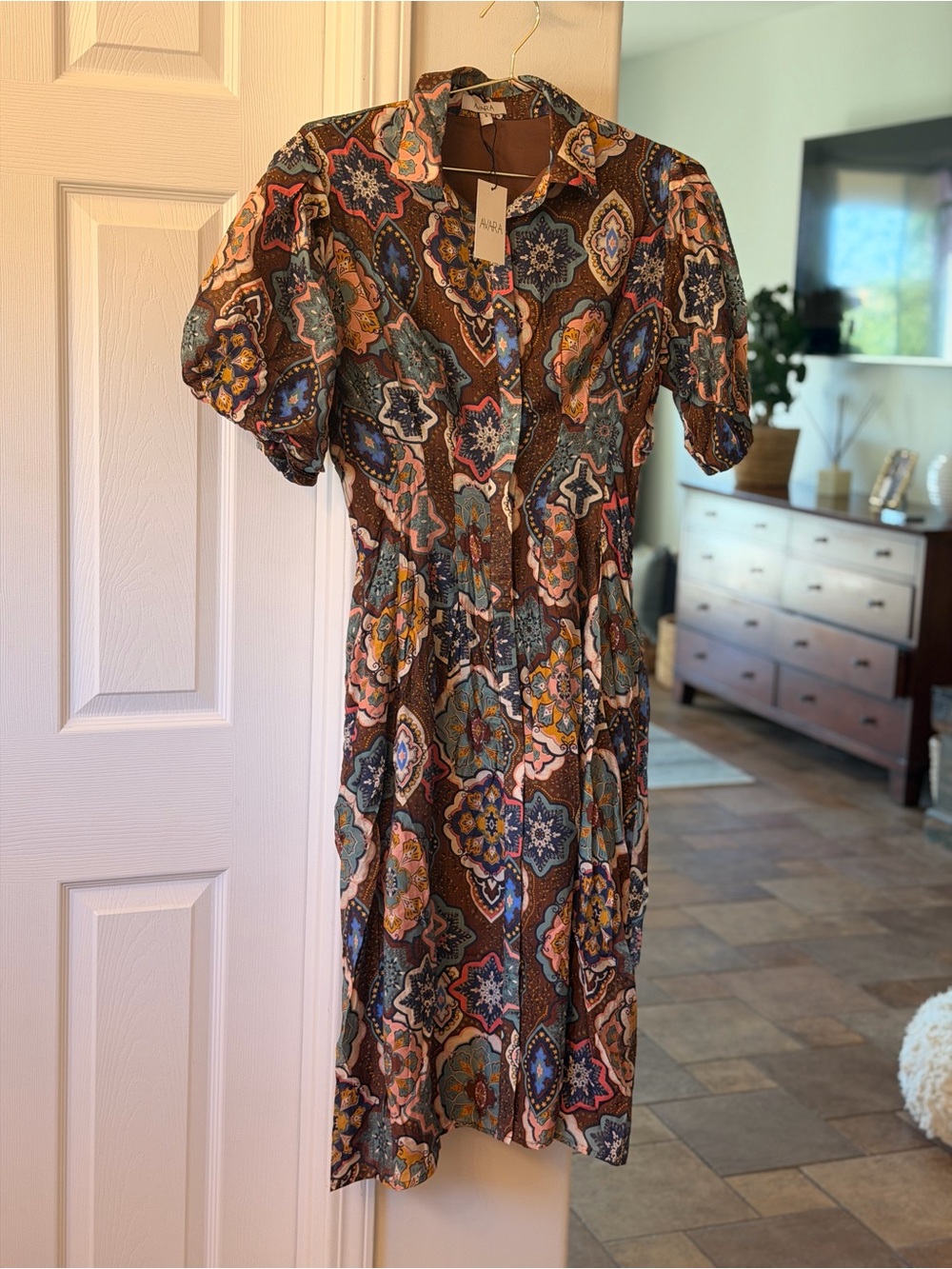 Brown Multi Medallion Button-Front Midi Dress